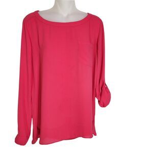 Ann Taylor Loft Womens Blouse Small Pink Long Rolled Tab Sleeves Pocket Tunic